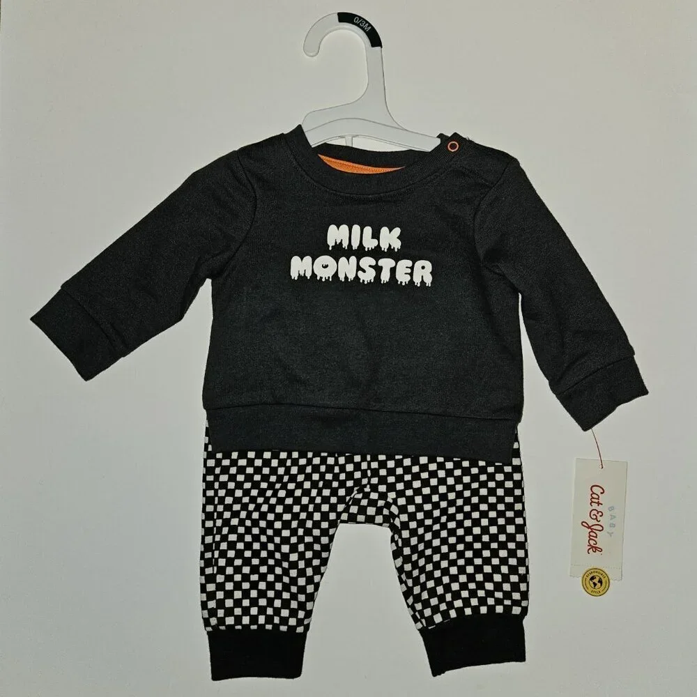 NEW 2 Halloween Outfits Lot Baby 0-3 Months Monster Jack-O Lantern Cat & Jack